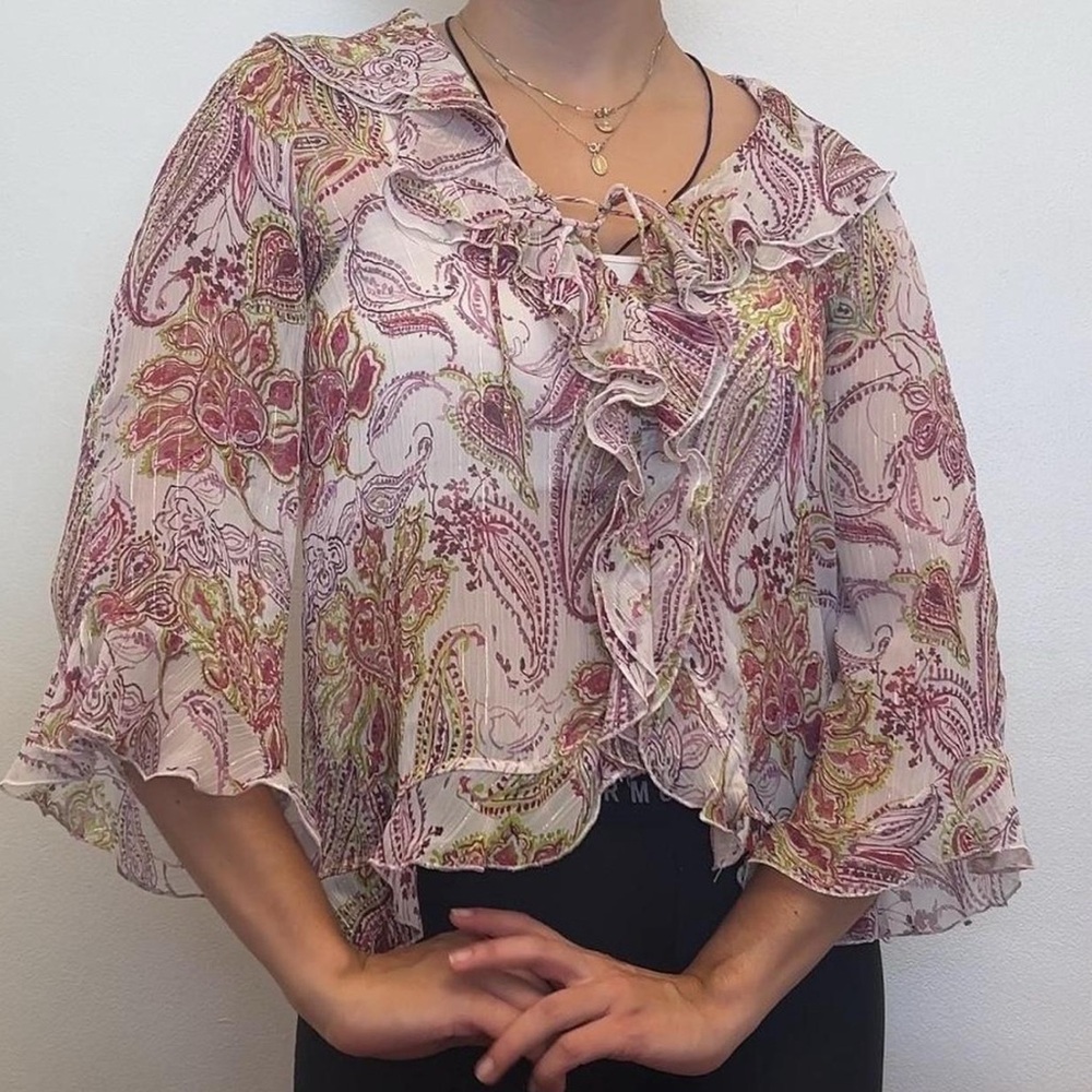 Pink and Green Paisley Floral Ruffle ZARA Blouse